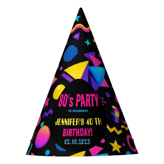 Custom Retro Neon 80's Birthday Party Partyhütchen (Vorderseite)