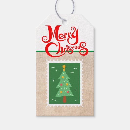 Custom Retro Paper Briefmarke Merry Christmas Tree Geschenkanhänger (Vorderseite)