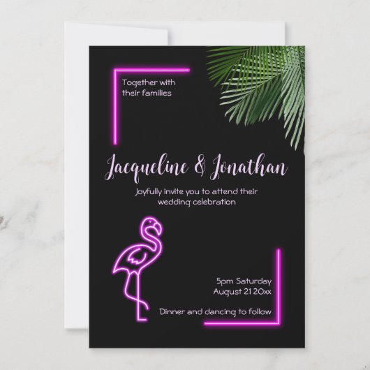 Custom Retro Tropical Neon Pink Flamingo Wedding Einladung (Vorderseite)