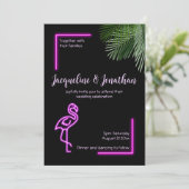 Custom Retro Tropical Neon Pink Flamingo Wedding Einladung (Stehend Vorderseite)