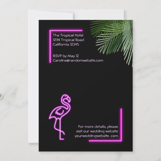 Custom Retro Tropical Neon Pink Flamingo Wedding Einladung (Rückseite)