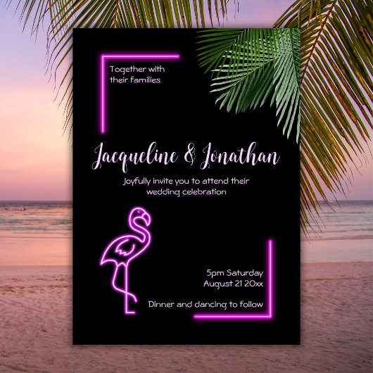 Custom Retro Tropical Neon Pink Flamingo Wedding Einladung
