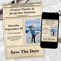 Custom Retro Wedding Newspaper Foto Save the Date