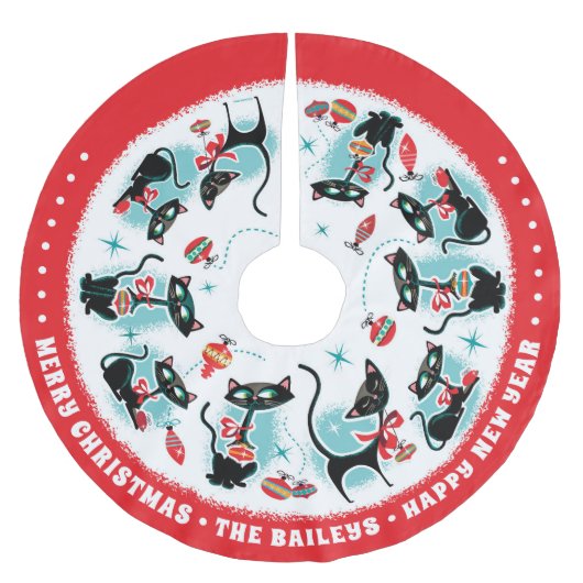Custom Retro Weihnachtskatzen Polyester Weihnachtsbaumdecke (Vorderseite)