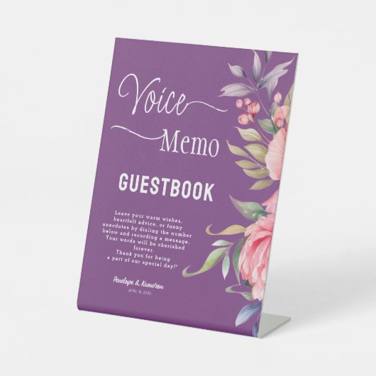 Custom Rich Lila Pink Peony Wedding Voice Memo Sockelschild (Vorderseite)