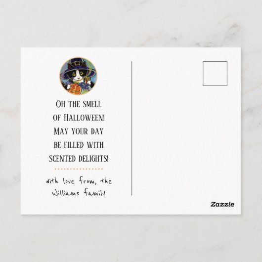 Custom "Riech von Halloween" Katze Hexe Postkarte (Rückseite)