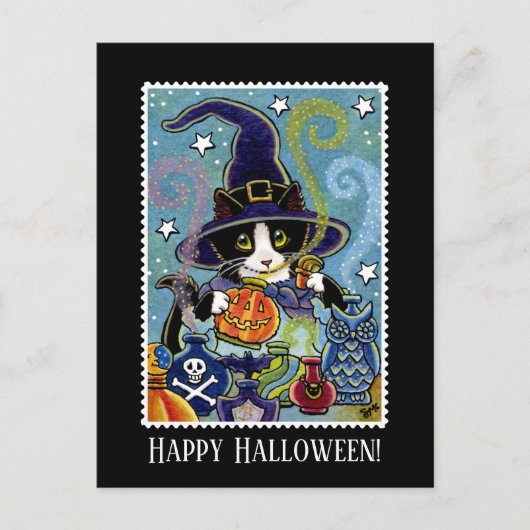 Custom "Riech von Halloween" Katze Hexe Postkarte (Vorderseite)