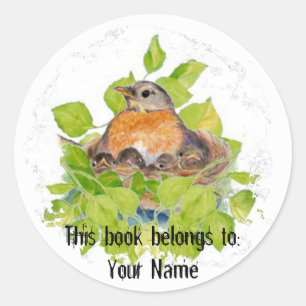 Custom Robin in Nest- Book Plate Runder Aufkleber