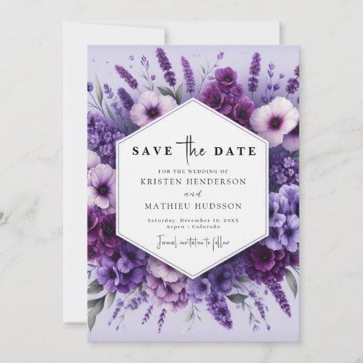 Custom Romantic Lila Floral Wedding Save The Date (Vorderseite)