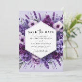 Custom Romantic Lila Floral Wedding Save The Date (Stehend Vorderseite)