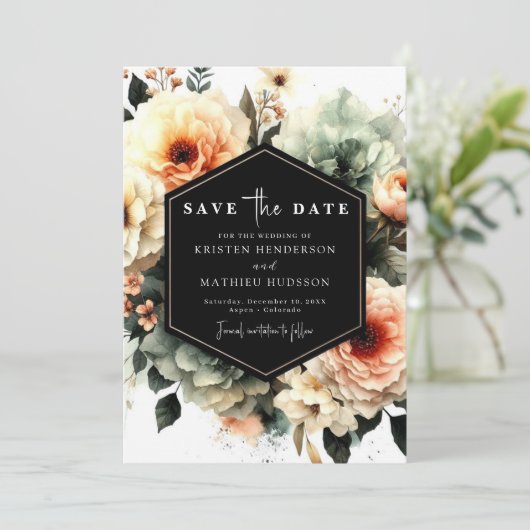 Custom Romantic Peach Wedding Save The Date (Stehend Vorderseite)