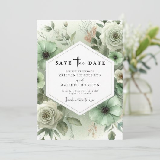 Custom Romantic Typografy Sage Green Wedding Save The Date (Stehend Vorderseite)