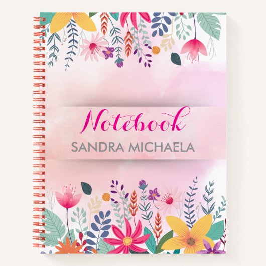 Custom Rosa & Green Floral Notebook mit Namen Notizblock (Vorderseite)