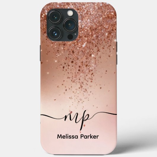 Custom Rose Gold Glitter Drip Monogram Case-Mate iPhone Hülle (Rückseite)
