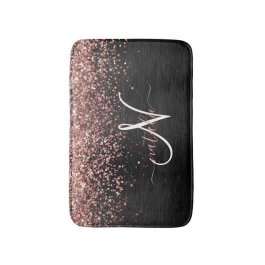 Custom Rose Gold Glitzer Black Sparkone Monogram Badematte (Vorderseite Vertikal)