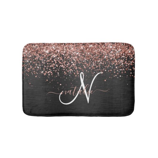 Custom Rose Gold Glitzer Black Sparkone Monogram Badematte (Vorderseite)