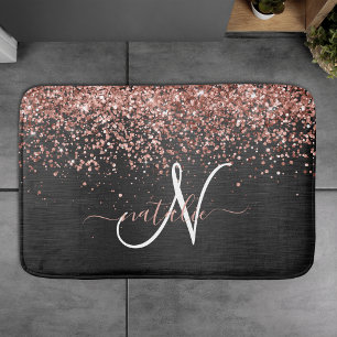 Custom Rose Gold Glitzer Black Sparkone Monogram Badematte