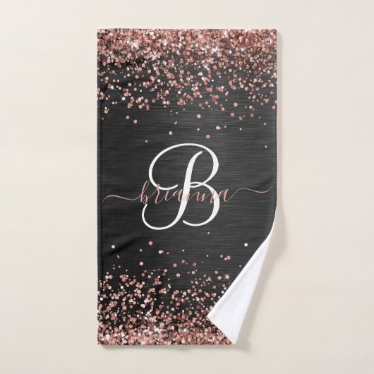 Custom Rose Gold Glitzer Black Sparkone Monogram Badhandtuch Set (Handtuch)