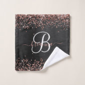 Custom Rose Gold Glitzer Black Sparkone Monogram Badhandtuch Set (Waschlappen)