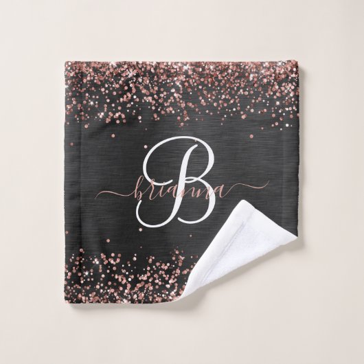 Custom Rose Gold Glitzer Black Sparkone Monogram Badhandtuch Set (Waschlappen)