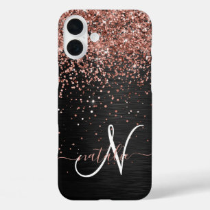 Custom Rose Gold Glitzer Black Sparkone Monogram iPhone 16 Plus Hülle