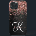 Custom Rose Gold Glitzer Black Sparkone Monogram Case-Mate iPhone Hülle<br><div class="desc">Dieses elegante und stilvolle Handy-Gehäuse mit hübschem vergoldetem Glitzer aus Rose auf schwarz gebürstetem metallischem Hintergrund ist einfach zu personalisieren.</div>