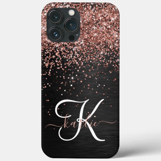 Custom Rose Gold Glitzer Black Sparkone Monogram Case-Mate iPhone Hülle (Rückseite)
