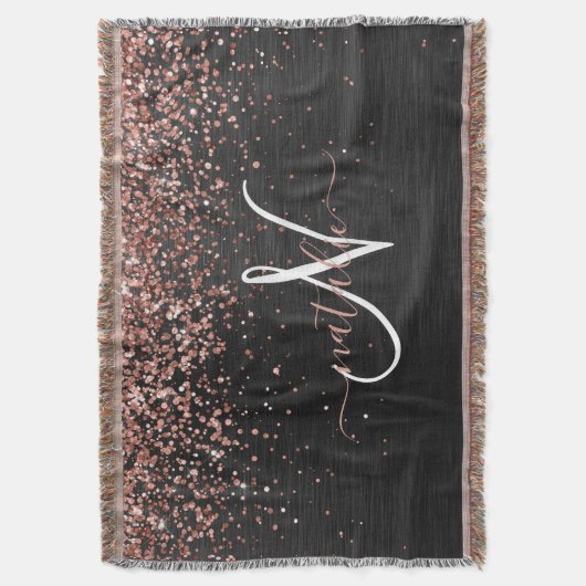 Custom Rose Gold Glitzer Black Sparkone Monogram Decke (Vorderseite Vertikal)