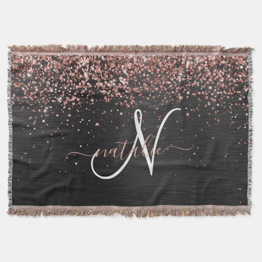 Custom Rose Gold Glitzer Black Sparkone Monogram Decke (Vorderseite)