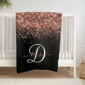 Custom Rose Gold Glitzer Black Sparkone Monogram Fleecedecke