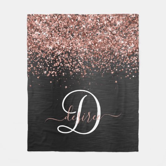 Custom Rose Gold Glitzer Black Sparkone Monogram Fleecedecke (Vorderseite)