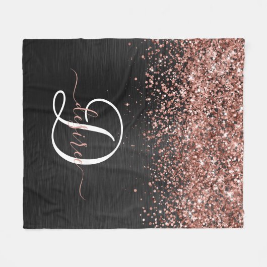 Custom Rose Gold Glitzer Black Sparkone Monogram Fleecedecke (Vorderseite (Horizontal))
