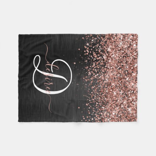 Custom Rose Gold Glitzer Black Sparkone Monogram Fleecedecke (Vorderseite (Horizontal))
