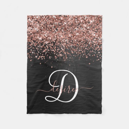 Custom Rose Gold Glitzer Black Sparkone Monogram Fleecedecke (Vorderseite)