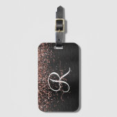 Custom Rose Gold Glitzer Black Sparkone Monogram Gepäckanhänger (Vorderseite Vertikal)