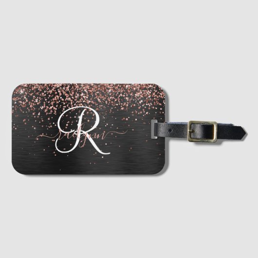 Custom Rose Gold Glitzer Black Sparkone Monogram Gepäckanhänger (Vorderseite (Horizontal))