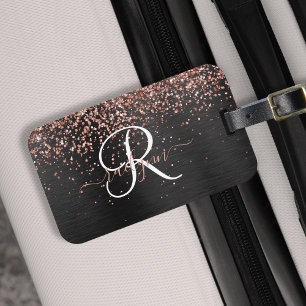 Custom Rose Gold Glitzer Black Sparkone Monogram Gepäckanhänger