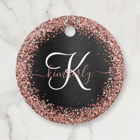 Custom Rose Gold Glitzer Black Sparkone Monogram Geschenkanhänger (Vorderseite)
