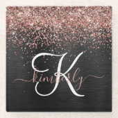 Custom Rose Gold Glitzer Black Sparkone Monogram Glasuntersetzer (Vorderseite)