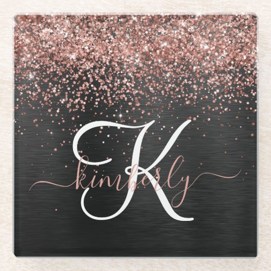 Custom Rose Gold Glitzer Black Sparkone Monogram Glasuntersetzer (Vorderseite)