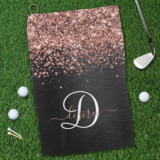 Custom Rose Gold Glitzer Black Sparkone Monogram Golfhandtuch