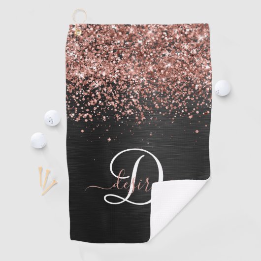 Custom Rose Gold Glitzer Black Sparkone Monogram Golfhandtuch (Insitu)