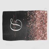 Custom Rose Gold Glitzer Black Sparkone Monogram Golfhandtuch (Horizontal)
