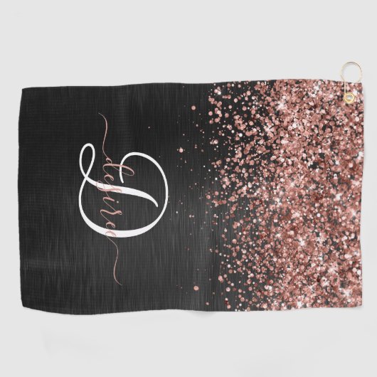 Custom Rose Gold Glitzer Black Sparkone Monogram Golfhandtuch (Horizontal)