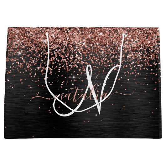 Custom Rose Gold Glitzer Black Sparkone Monogram Große Geschenktüte (Vorderseite)