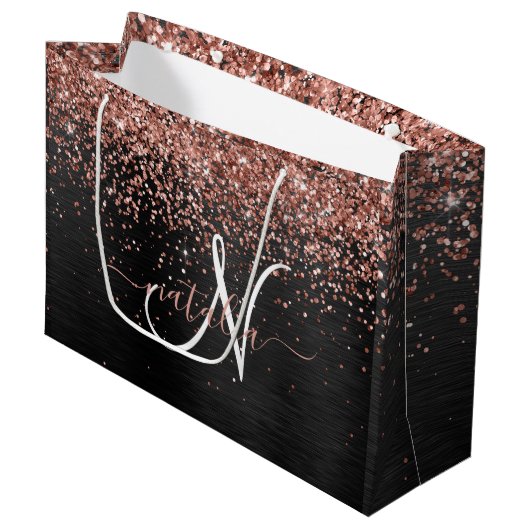 Custom Rose Gold Glitzer Black Sparkone Monogram Große Geschenktüte (Vorderseite Schrägansicht)