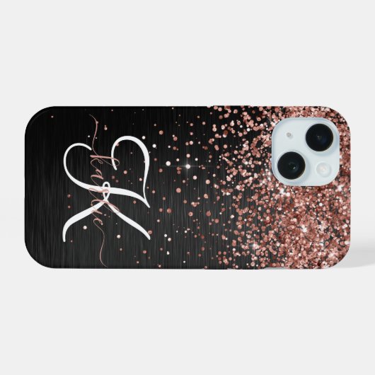 Custom Rose Gold Glitzer Black Sparkone Monogram iPhone 15 Hülle (Rückseite (Horizontal))