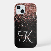 Custom Rose Gold Glitzer Black Sparkone Monogram iPhone 15 Hülle (Rückseite)