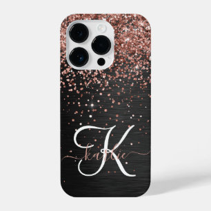 Custom Rose Gold Glitzer Black Sparkone Monogram iPhone 14 Pro Hülle