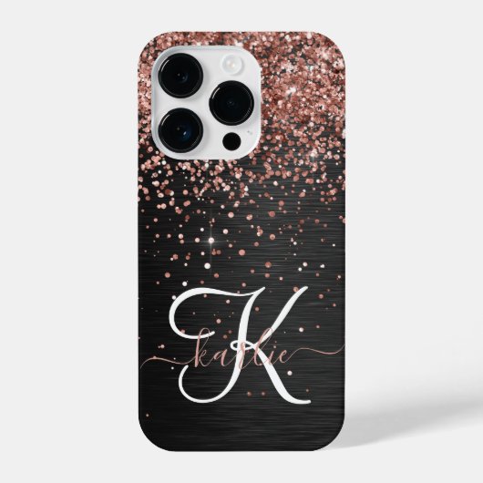 Custom Rose Gold Glitzer Black Sparkone Monogram iPhone Hülle (Rückseite)